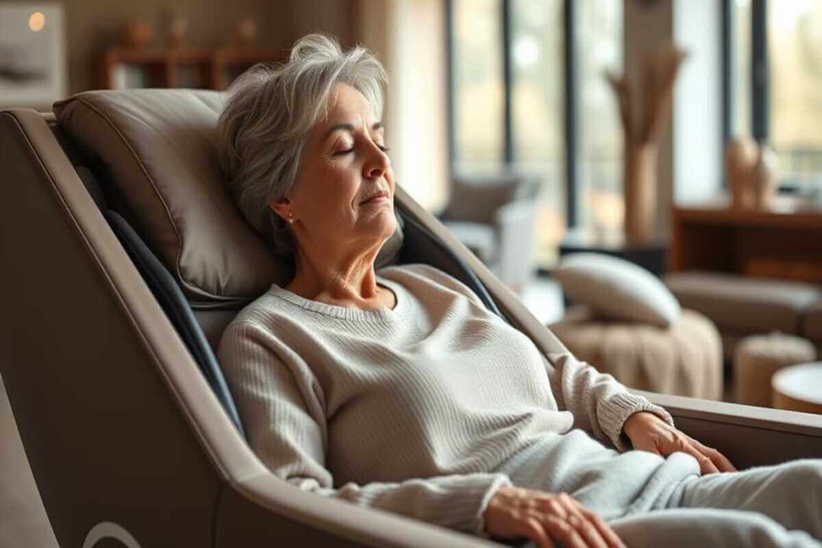 Woman using one of the best massagers at home the massage recliner